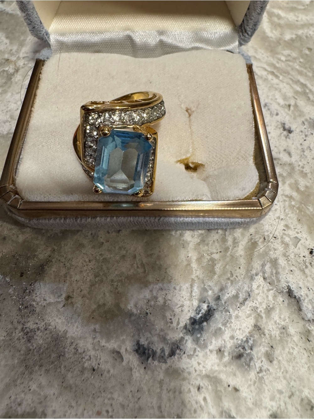 Gold Cocktail Ring with Blue Gemstone and Clear Accents